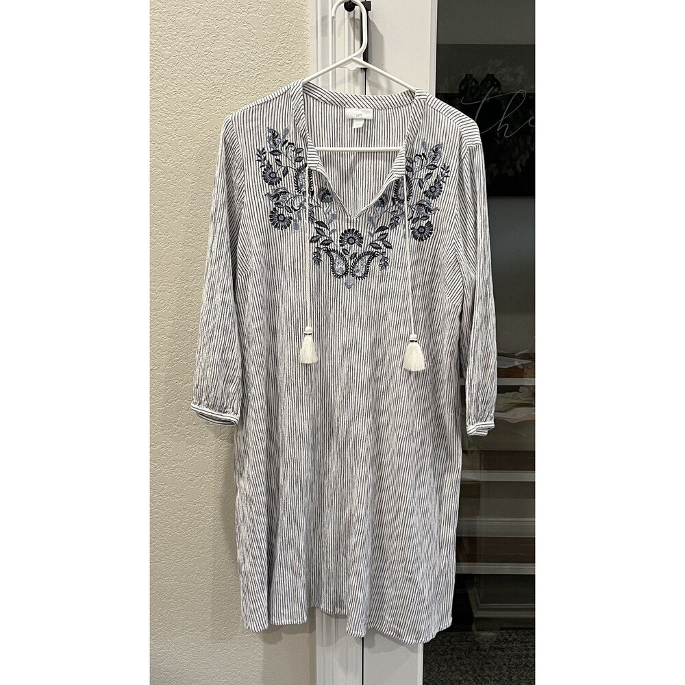 J.Jill Women’s Small Striped Embroidered Tunic Dress Boho Tassel 3/4 Sleeve